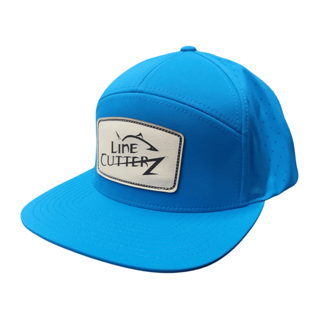 Line Cutterz Performance 7 Panel Flat Bill Snapback Hats Line Cutterz Marine Blue Ivory Leather/Black