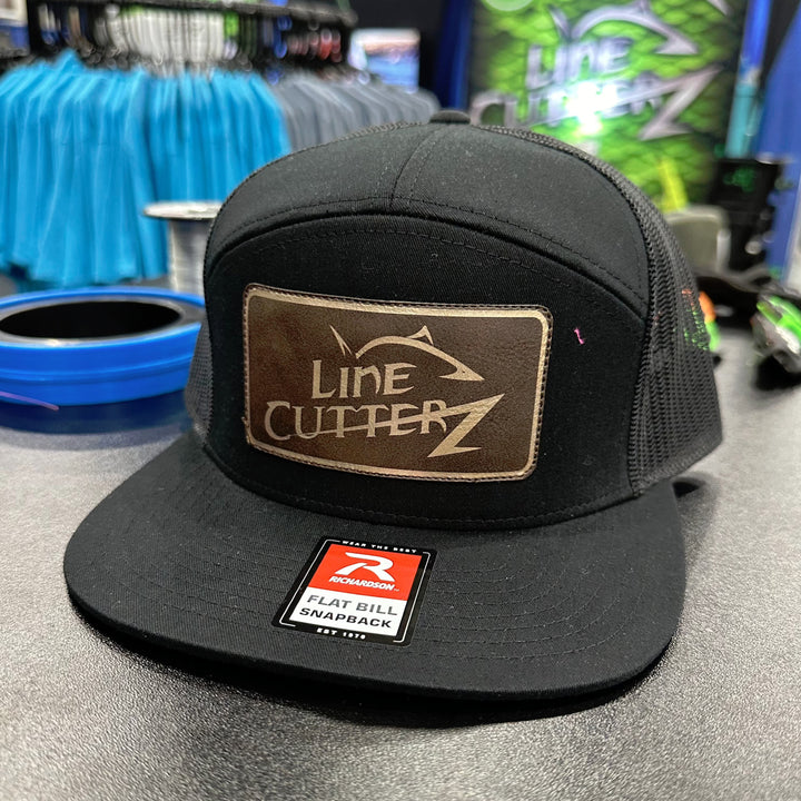 Line Cutterz Meshback Flatbill 7-Panel Leather Patch Snapback Hats Line Cutterz Black/Black Dark Faux Leather Patch w/ Gold