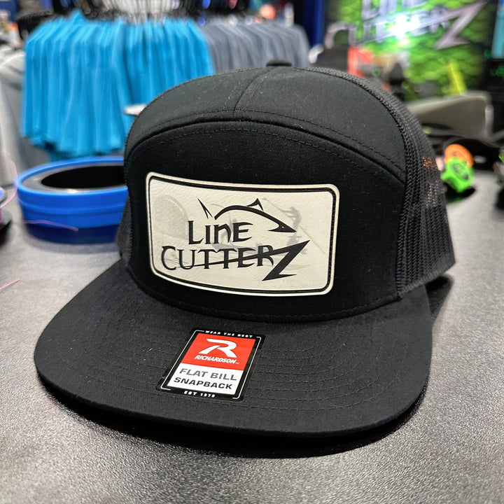 Line Cutterz Meshback Flatbill 7-Panel Leather Patch Snapback Hats Line Cutterz Black/Black Ivory Faux Leather Patch w/ Silhouette 