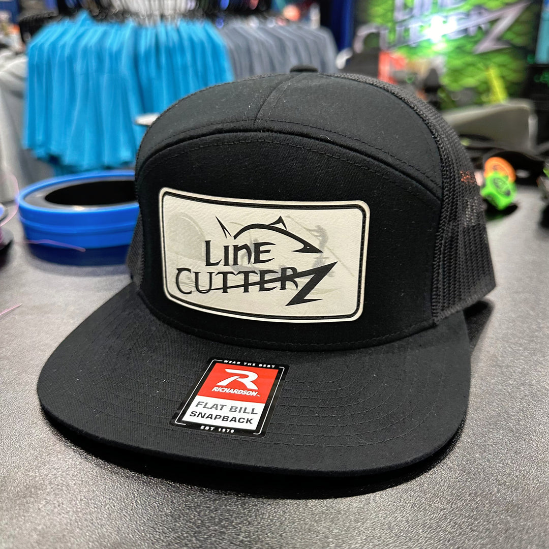 Line Cutterz Meshback Flatbill 7-Panel Leather Patch Snapback Hats Line Cutterz Black/Black Ivory Faux Leather Patch w/ Silhouette