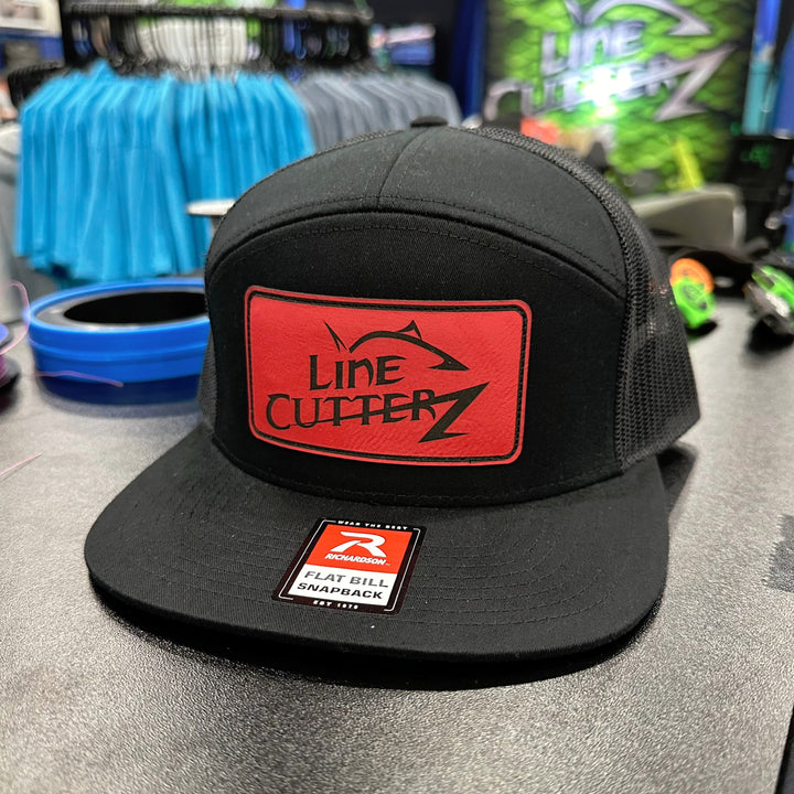 Line Cutterz Meshback Flatbill 7-Panel Leather Patch Snapback Hats Line Cutterz Black/Black Red Faux Leather Patch