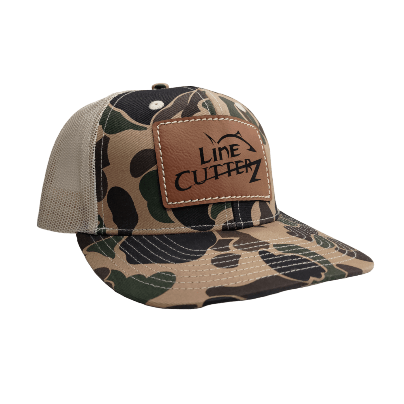 Line Cutterz Camo Meshback Trucker Snapback Hats Line Cutterz Old School Camo/Khaki - Faux Leather Patch 