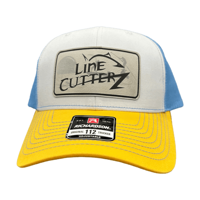 Line Cutterz Leather Patch Meshback Trucker Snapback Hats Line Cutterz White/Columbia Blue/Yellow Ivory Faux Leather Patch w/ Silhouette 