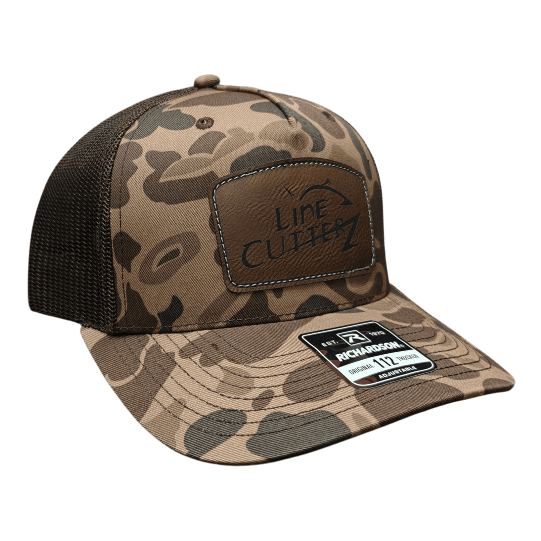 Line Cutterz Camo Meshback Trucker Snapback Hats Line Cutterz Bark Duck Camo/Brown - Faux Leather Patch 