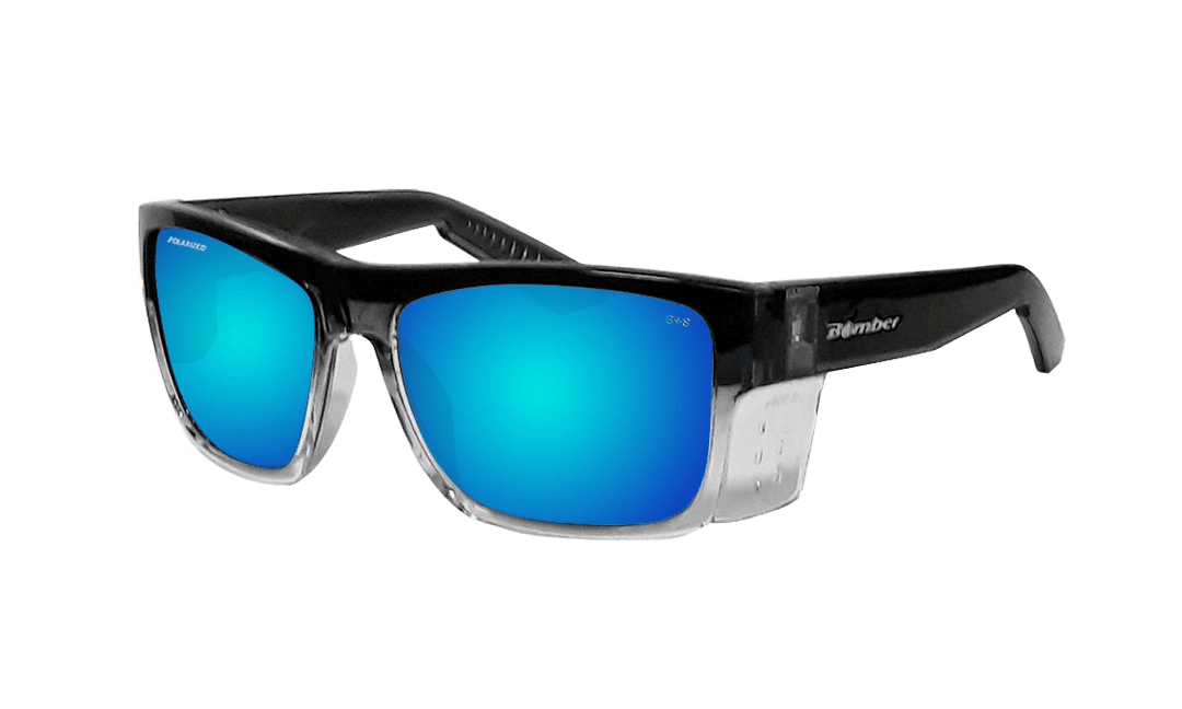 Bomber Polarized Floating Eyewear Accessories Bomber Clutch 2-Tone Smoke Frame Ice Blue Mirror Polarized Lens