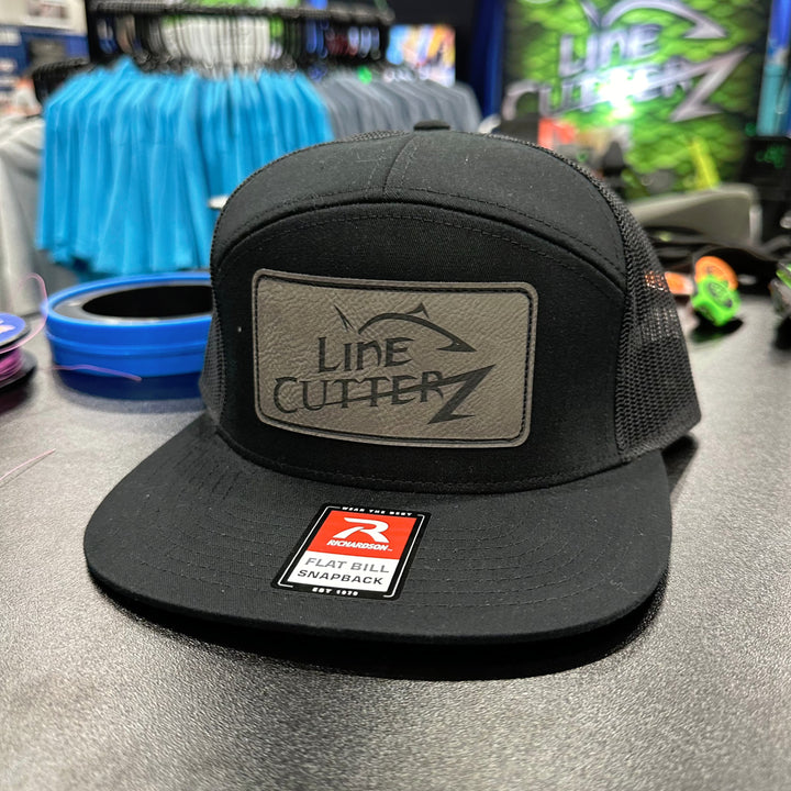 Line Cutterz Meshback Flatbill 7-Panel Leather Patch Snapback Hats Line Cutterz Black/Black Grey Faux Leather Patch 