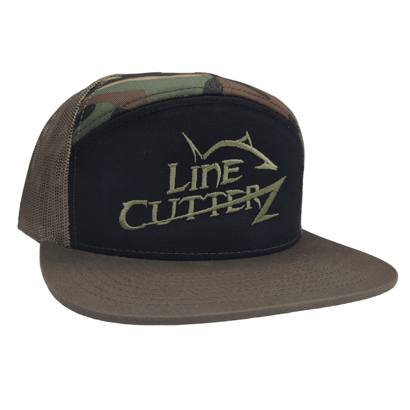 Line Cutterz Meshback Flatbill 7-Panel Snapback Hats Line Cutterz Black/Green Camo/Loden 