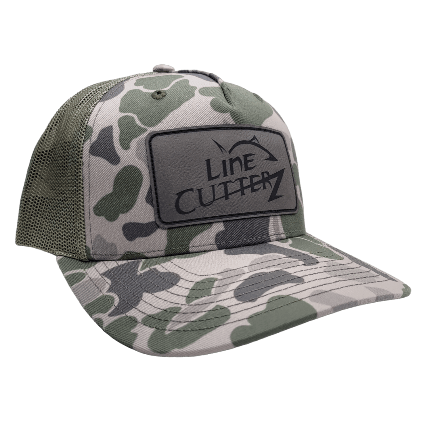 Line Cutterz Camo Meshback Trucker Snapback Hats Line Cutterz Marsh Duck Camo/Loden - Faux Leather Patch 