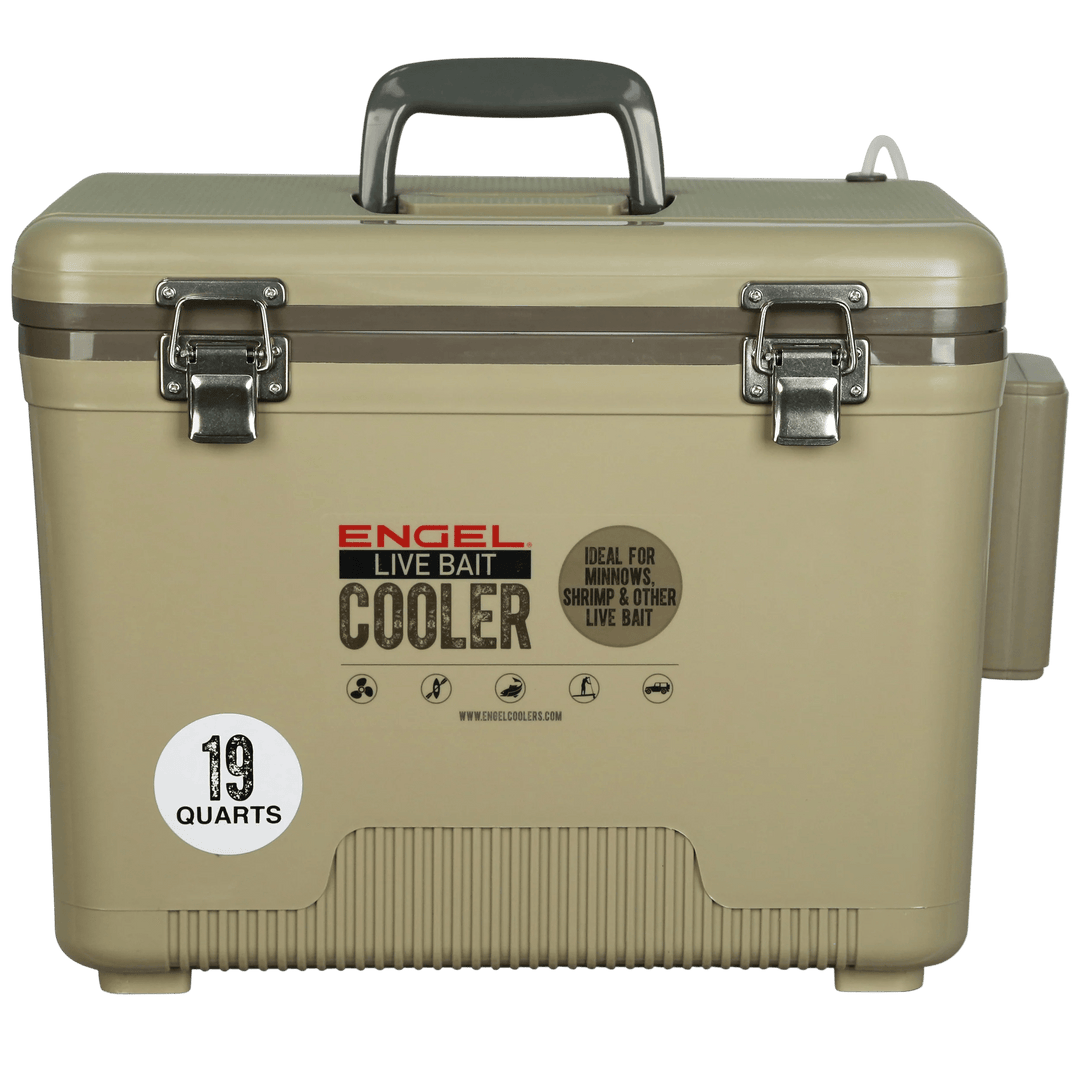 Engel® 19Qt Live Bait Pro Cooler with Rechargeable Aerator & Stainless Hardware Engel Coolers Tan 