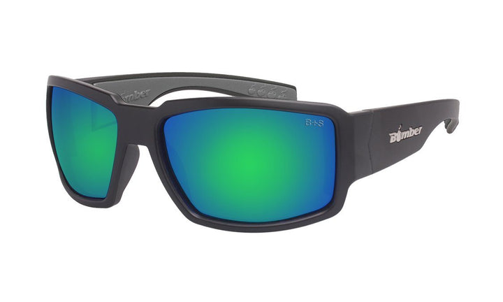 Bomber Floating Safety Eyewear Bomber Boogie Bomb Matte Black Frame Green Mirror Safety Lens