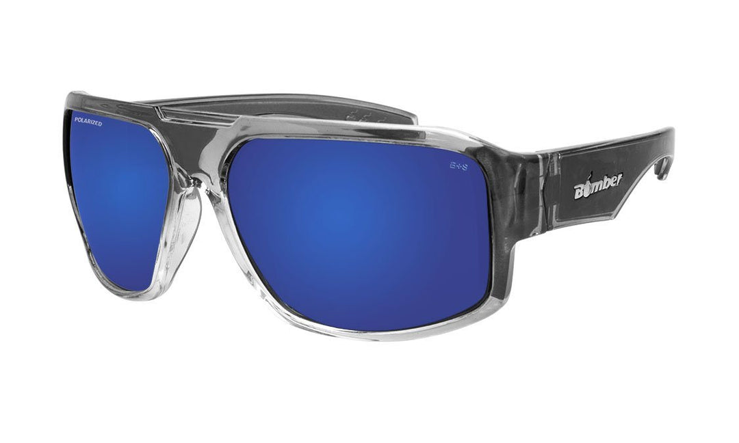 Bomber Polarized Floating Eyewear Bomber Mega Bomb 2-Tone Smoke Frame Blue Mirror Polarized Safety Lens