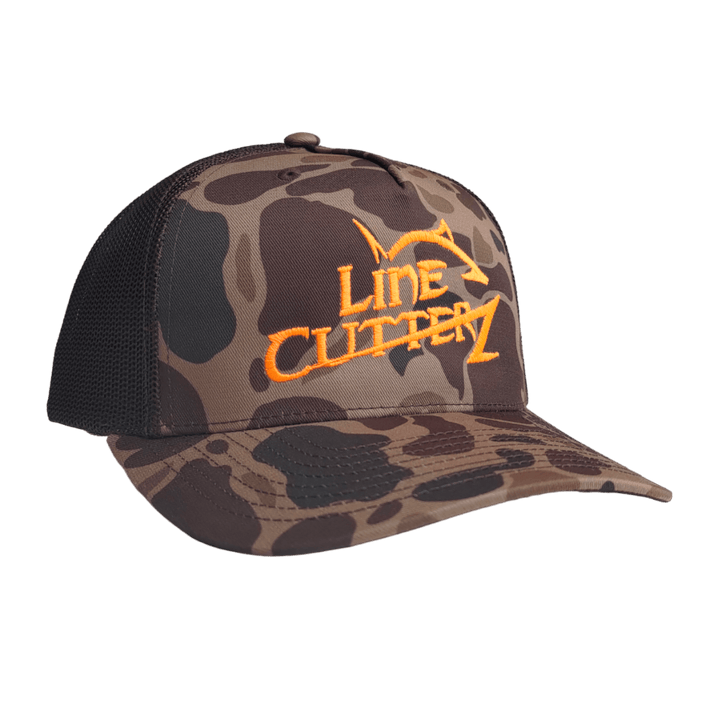Line Cutterz Meshback Trucker Snapback Hats Line Cutterz Bark Duck Camo/Brown - Orange Logo 