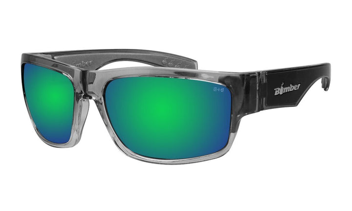 Bomber Floating Safety Eyewear Accessories Bomber Tiger Bomb 2-Tone Crystal Smoke Frame w/ Gray Foam Green Mirror Safety Lens